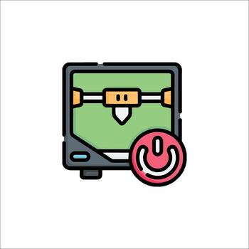 A computer with a power button and a green arrow vector