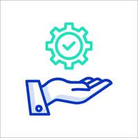 A hand holding a gear icon and a check mark vector