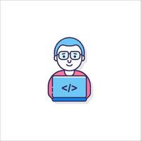 A man with glasses and a laptop is holding a computer vector