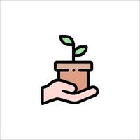 Hand holding a plant in a pot icon vector