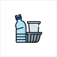 A bottle of water and a plastic container in a basket vector