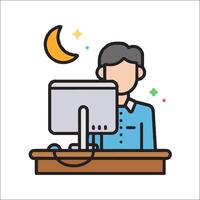 A man is working on a computer in front of a moon and stars vector