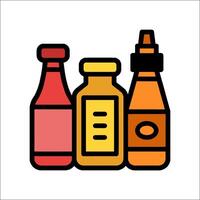 A line drawing of three bottles of ketchup, mustard and mayo vector