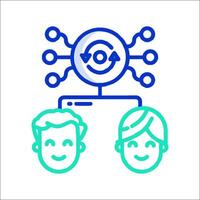 Two people are standing in front of a computer with a cloud icon vector