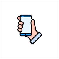 Hand holding a smartphone icon on white background vector
