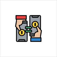 Two hands holding a smartphone with money in it vector