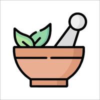 A mortar and pestle icon with a leaf vector