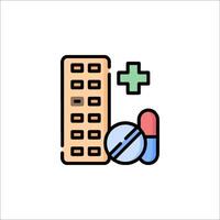 A flat line icon of a building and pills vector