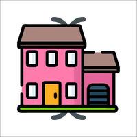A pink house with a garage and a yellow garage door vector