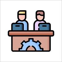 Two people working at a desk with a computer vector