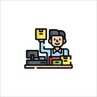 A man is holding a box of papers in front of a desk vector