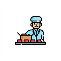 A man in a hat is standing in front of a table with food vector