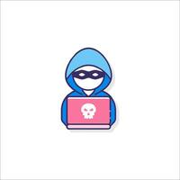 A person in a hoodie holding a laptop with a skull on it vector
