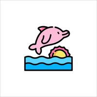 A dolphin jumping out of the water with a sun in the background vector