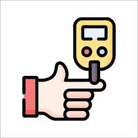 A hand holding a thermometer and pointing it at the screen vector