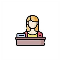 A woman at a desk with a computer icon vector