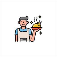 A man holding a tray with a roast chicken vector