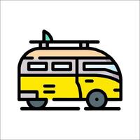 A yellow van with a surfboard on top vector