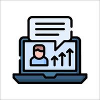 A laptop with a speech bubble and an arrow pointing up vector