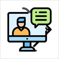 A computer with a person on the screen and a speech bubble vector