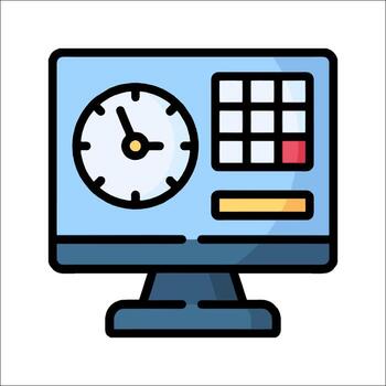 A computer monitor with a clock and a clock icon vector