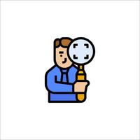 A man holding a magnifying glass icon vector