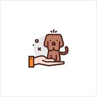 A dog is sitting on a hand in a flat line style vector