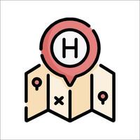 A map with a hotel icon and a pin vector