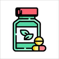 Pill bottle with leaf and pills on white background vector