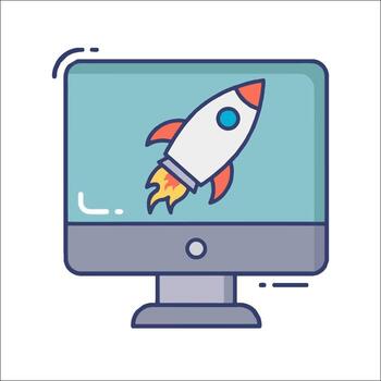 A computer monitor with a rocket on it vector