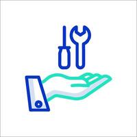 A hand holding a wrench and a wrench icon vector