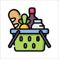 A basket full of groceries with a bottle of wine vector