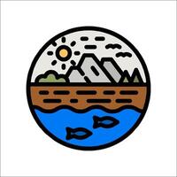 A mountain and lake in a circle with a sun and clouds vector