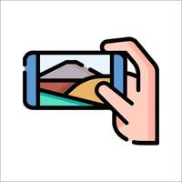Hand holding a smartphone with a landscape view vector