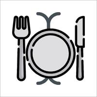A plate, fork and knife are shown in a line vector