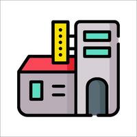 A factory building icon with a yellow arrow vector