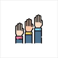 Three hands raised up in the air with one hand on each vector