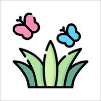 A cartoon grass with butterflies flying over it vector