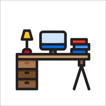 Computer desk with lamp and books on it vector