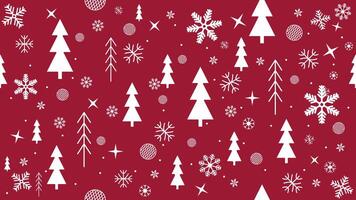 White snowflakes and christmas trees seamless pattern with festive geometric elements with stars and bauble on red background vector
