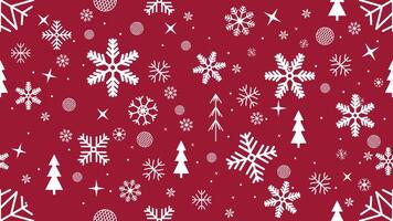 seamless pattern white snowflakes and christmas trees with festive geometric elements with stars and bauble on red background vector