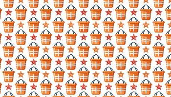 Summer pattern with water bucket and starfish on white background. vector