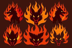 a set of four different wolf heads with flames vector
