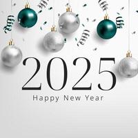 A festive 2025 New Year banner with glowing green and silver spheres, and confetti. Abstract background ideal for cards, posters, and celebrations. Not AI. vector