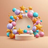 A 3D podium with 3d balls and stars minimalist design. Ideal for product displays, awards, or presentations. Not AI. vector