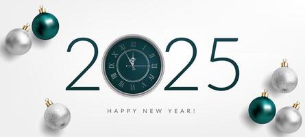 A sleek 2025 New Year illustration featuring a clock nearing midnight and glass spheres in white and green. This design is perfect for festive banners, invitations, and greeting cards. Not AI. vector