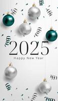 A festive 2025 New Year banner with glowing green and silver spheres, and confetti. Abstract background ideal for cards, posters, and celebrations. Not AI. vector