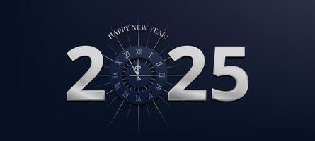 A sleek, metallic 2025 New Year illustration featuring a clock nearing midnight. This design is perfect for festive banners, invitations, and greeting cards. Not AI. vector