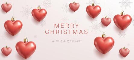Merry Christmas banner. Love 3D shiny Christmas Heart shape glass toys in red color. Shiny, glossy hearts and snowflakes in red, white create a warm, romantic, and luxurious winter greeting. Not AI. vector