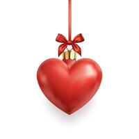 3D shiny Christmas tree Heart shape glass toy in red color with festive bow on it. The glossy heart isolated on a white background, perfect for holiday decor and greeting cards. Not AI. vector